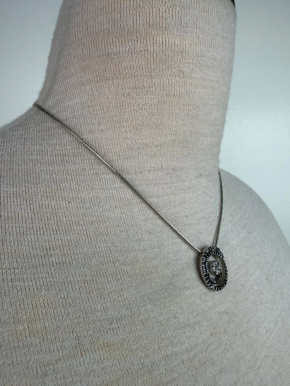 Vintage Kiam Family Rhinestone Spiral Necklace Silver Tone Black Swirl Pendant L